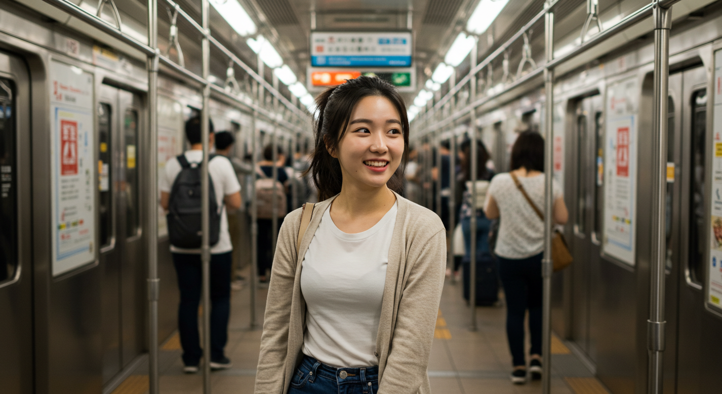 일본 지하철 여행을 하고 있는 여자