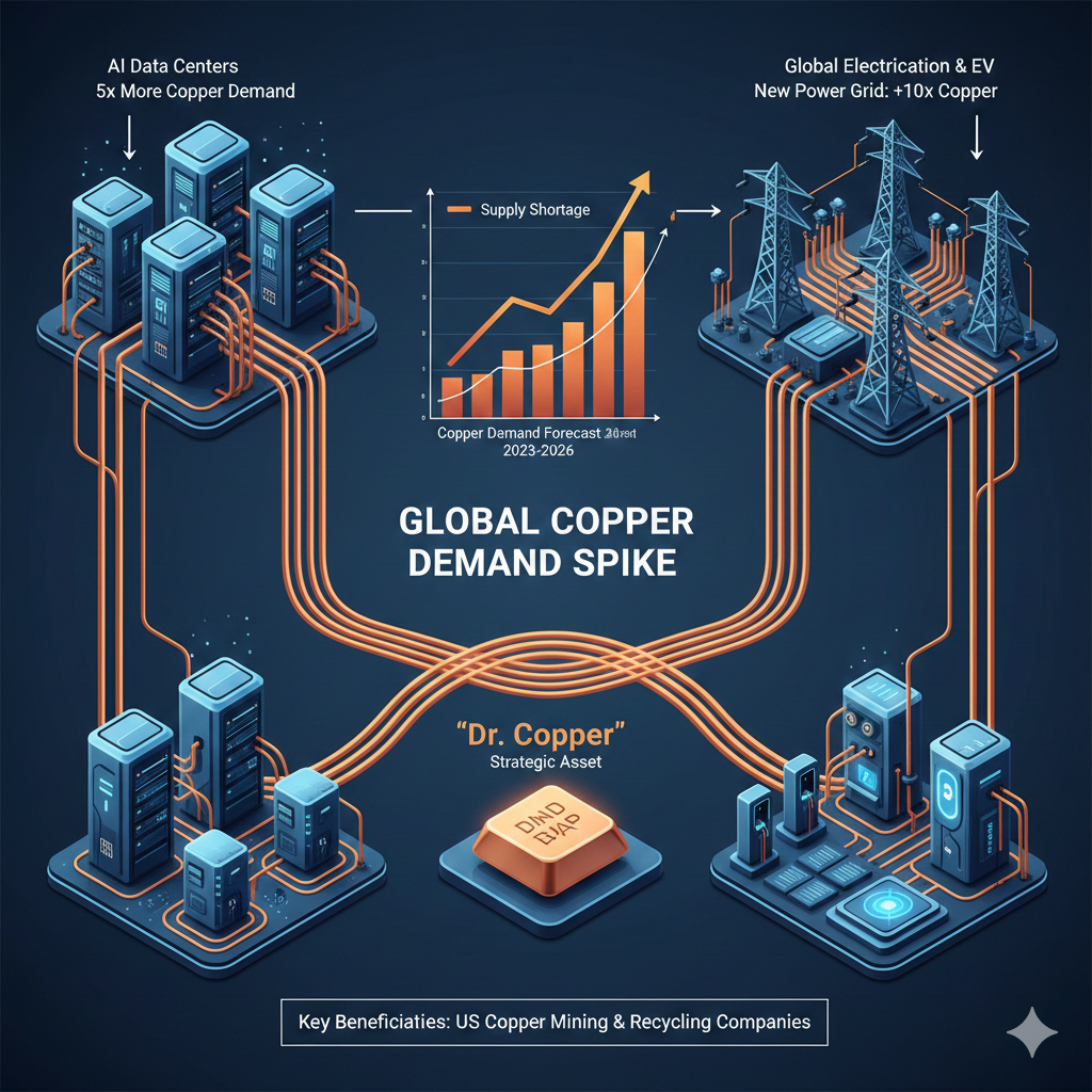 미국 구리 관련주 수요 급증을 나타내는 데이터센터 및 전력망 인프라 도표