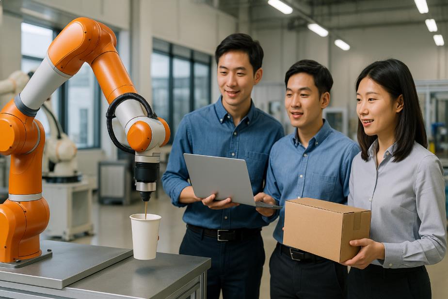공장에서 로봇과 사람이 함께 일하는 장면