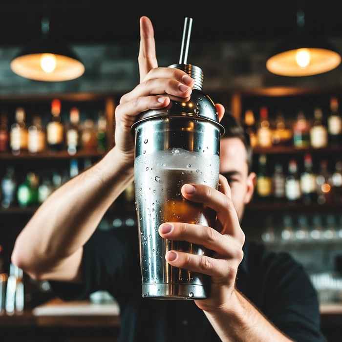 셰이커로 강하게 흔들어 아몬드 시럽과 주류를 혼합하는 데드맨 핸들 제조 과정