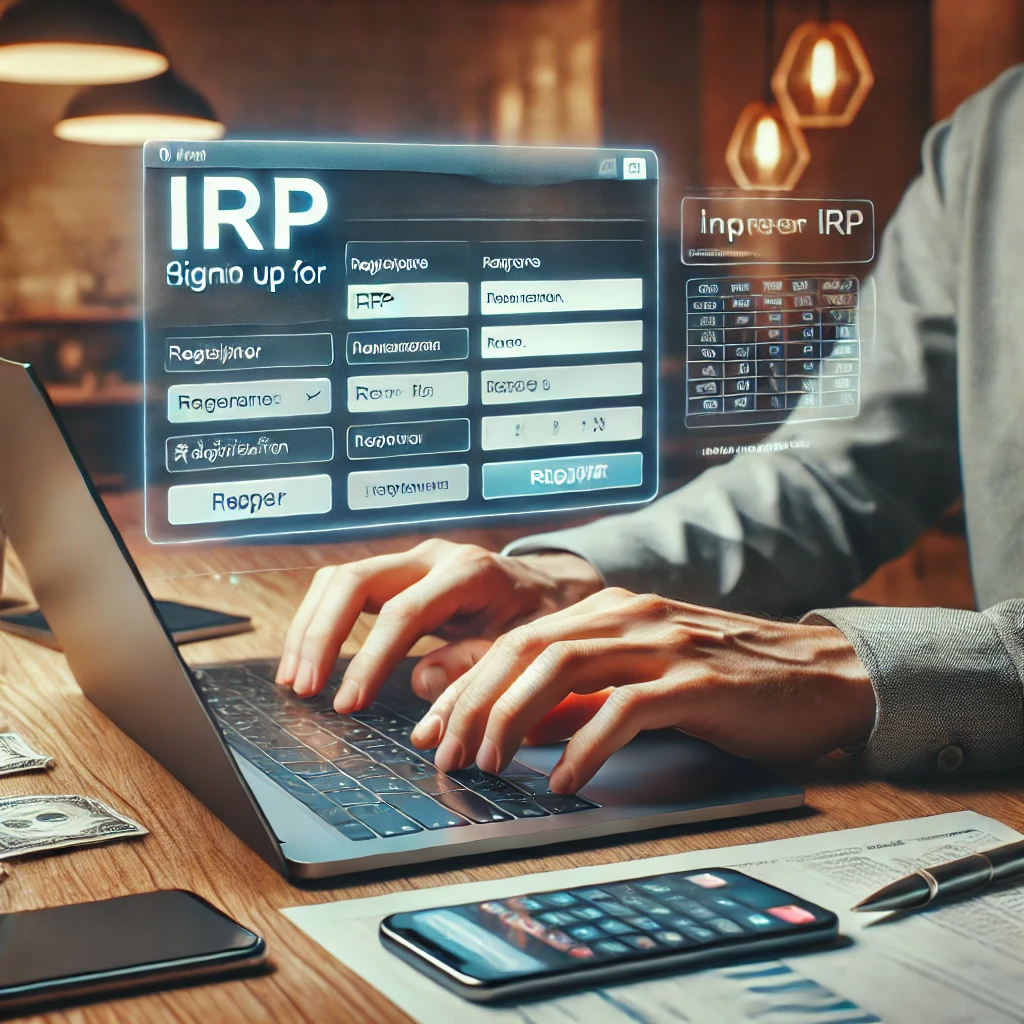 프리랜서가 노트북으로 IRP 온라인 가입 신청서를 작성하는 장면