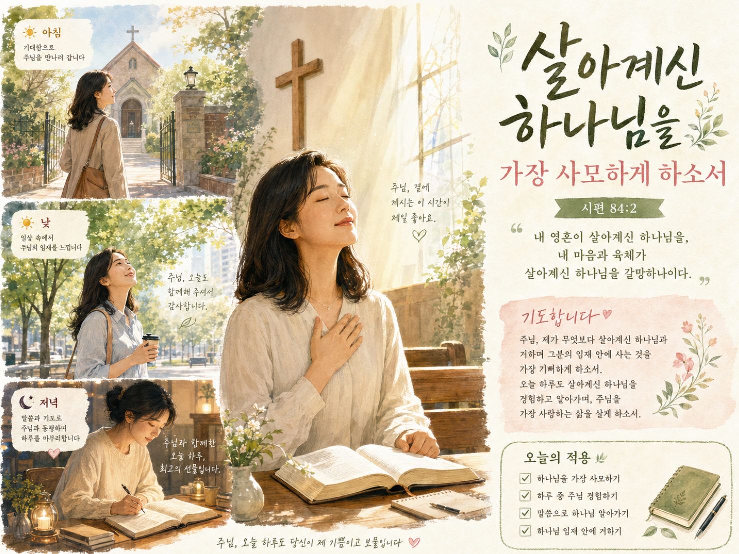 시 84:2 말씀에서 내가 무엇보다 살아계신 하나님과 거하며 살아계신 하나님의 전에 거하는 것을 가장 좋아하는 것으로 즉, 최애로 생각하며 살아가는 삶이 되길 간절히 기도하며, 살아계신 하나님을 하룻동안 경험하고 알아가는 모습입니다.