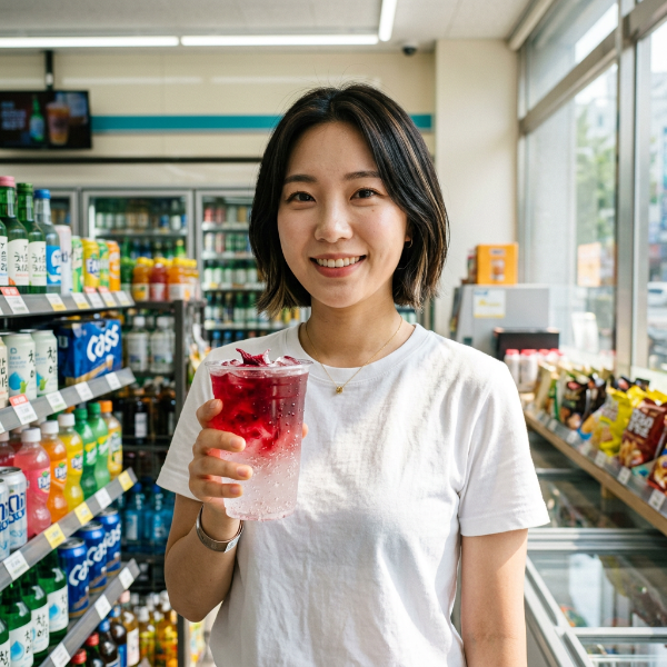 여름철 당류 걱정 없는 편의점 제로 꿀조합 음료를 직접 만들어 시원하게 즐기는 반팔 차림 여자의 모습