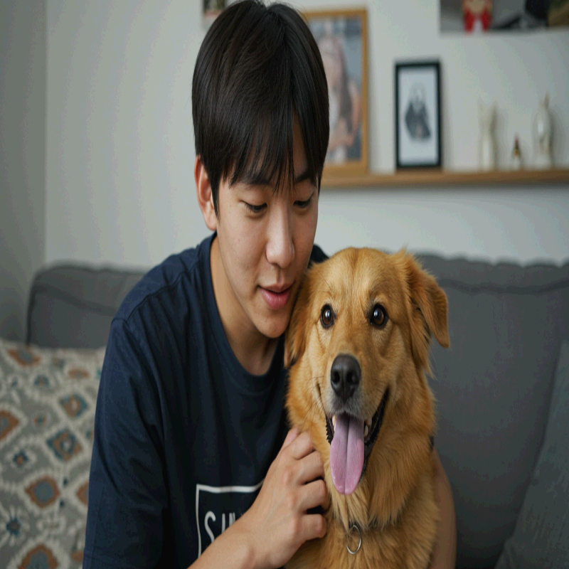 집에서 반려견과 함께 있는 남성이 따뜻한 미소로 강아지를 안고 있습니다. 강아지는 혀를 내밀고 행복한 표정을 짓고 있어 반려동물의 안정감과 교감이 잘 드러납니다