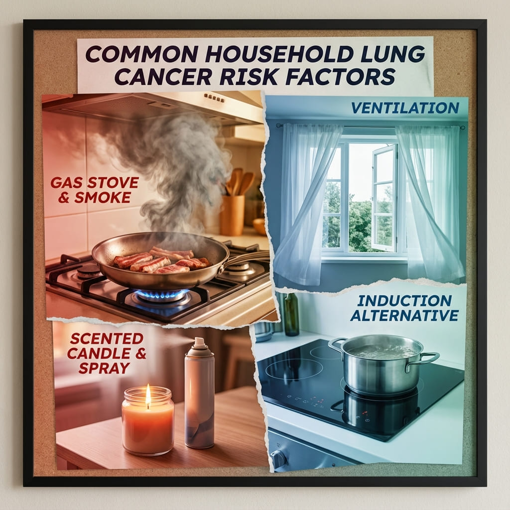 집에서 흔히 볼 수 있는 폐암 위험 요인”을 한 눈에 보여주는 이미지