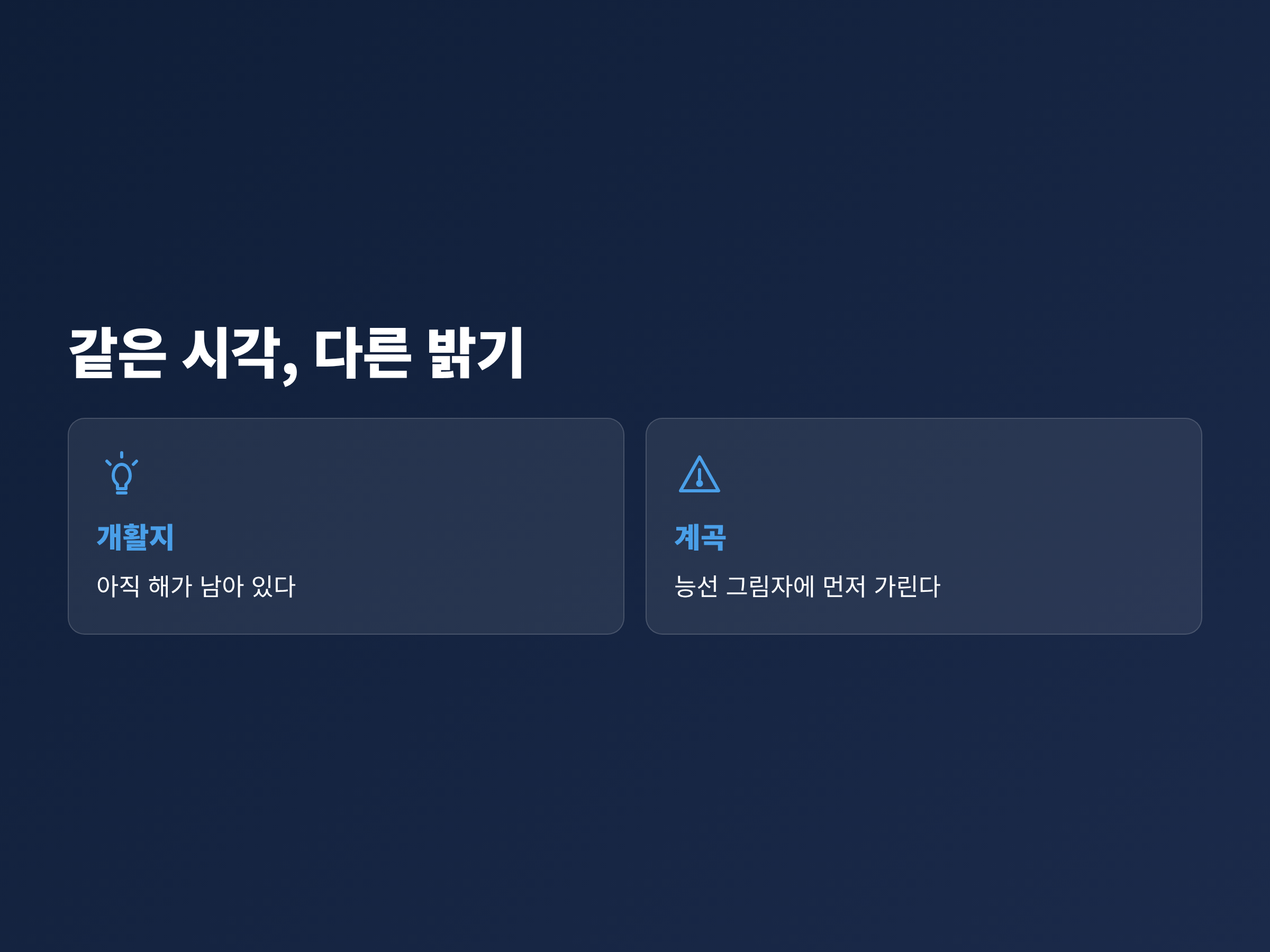 같은 시각 개활지는 아직 해가 남아 있고 계곡은 능선 그림자에 먼저 가린다는 내용을 비교한 카드
