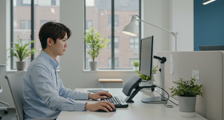 인체공학적 키보드와 마우스를 사용하는 사람의 모습, 현대적인 사무 환경