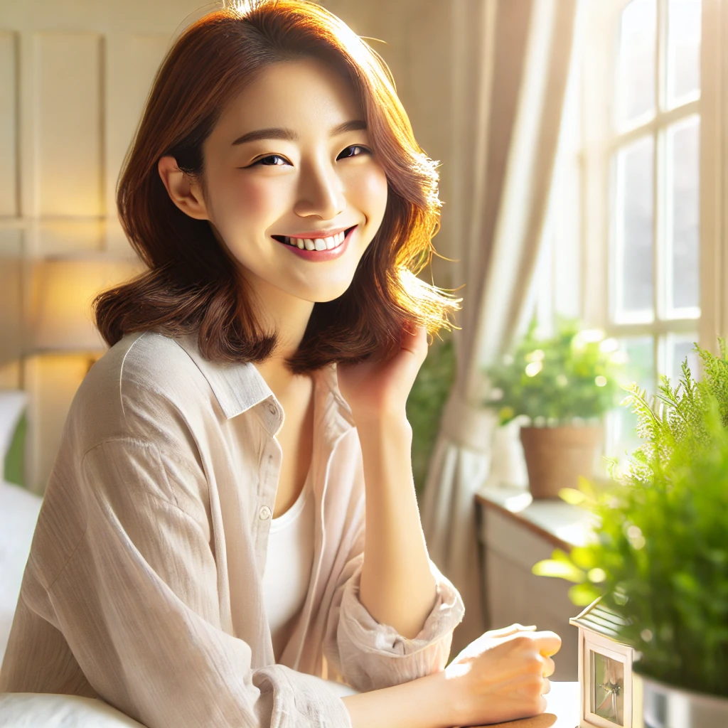 창가에서 웃고 있는 여성