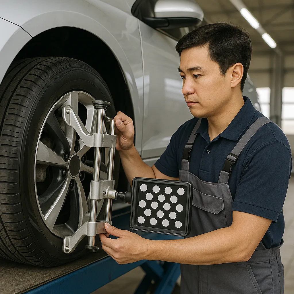 정비사가 차량 휠 얼라인먼트를 조정하는 장면