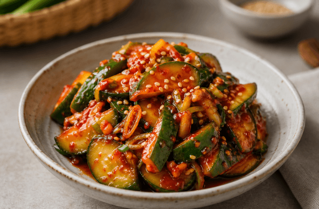 하얀 접시에 담긴 오이무침