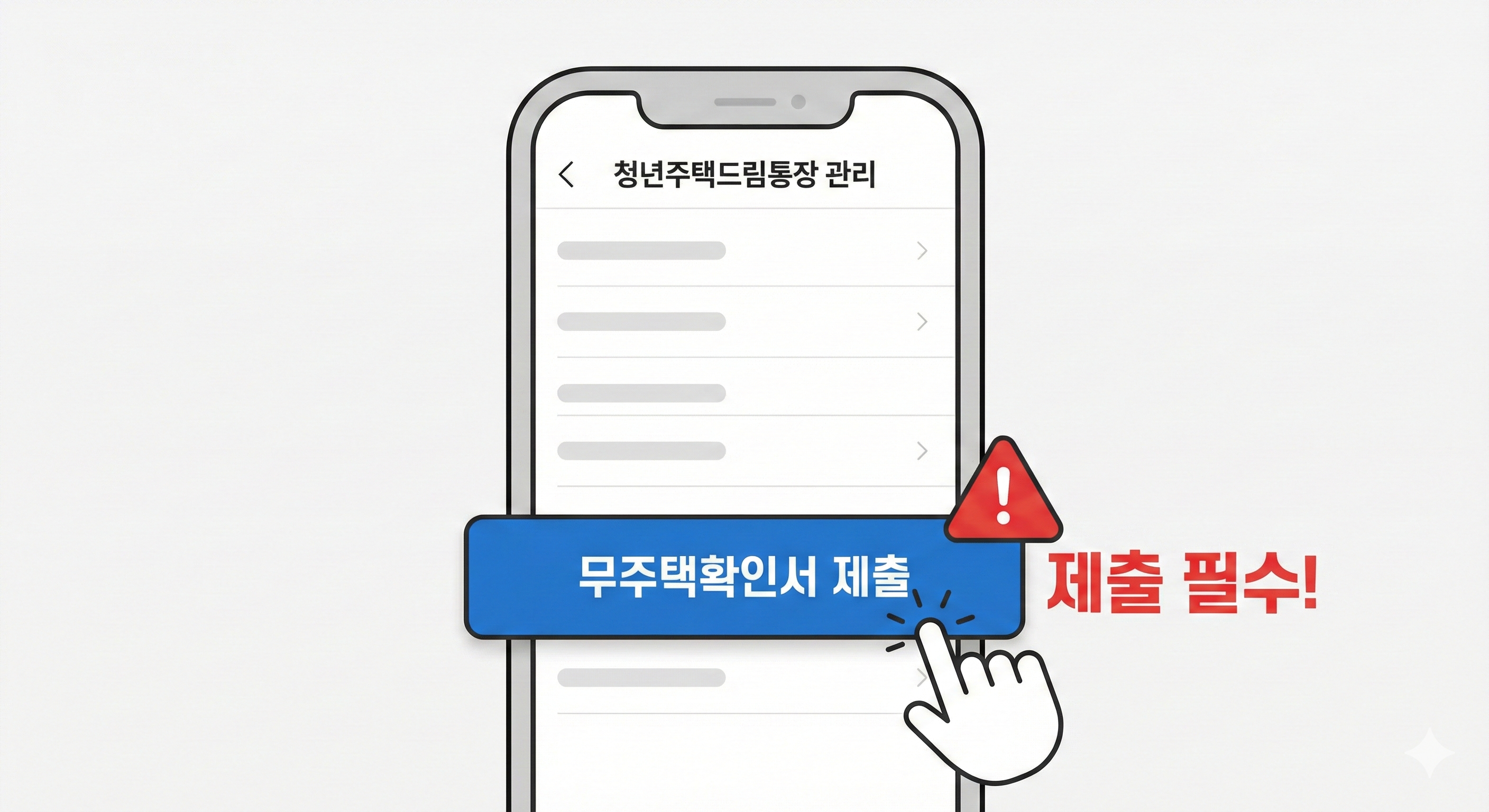 스마트폰 뱅킹 앱 화면에서 '무주택확인서 제출' 버튼을 누르는 손가락 아이콘과 '제출 필수'라는 경고 마크가 떠 있는 단순한 일러스트