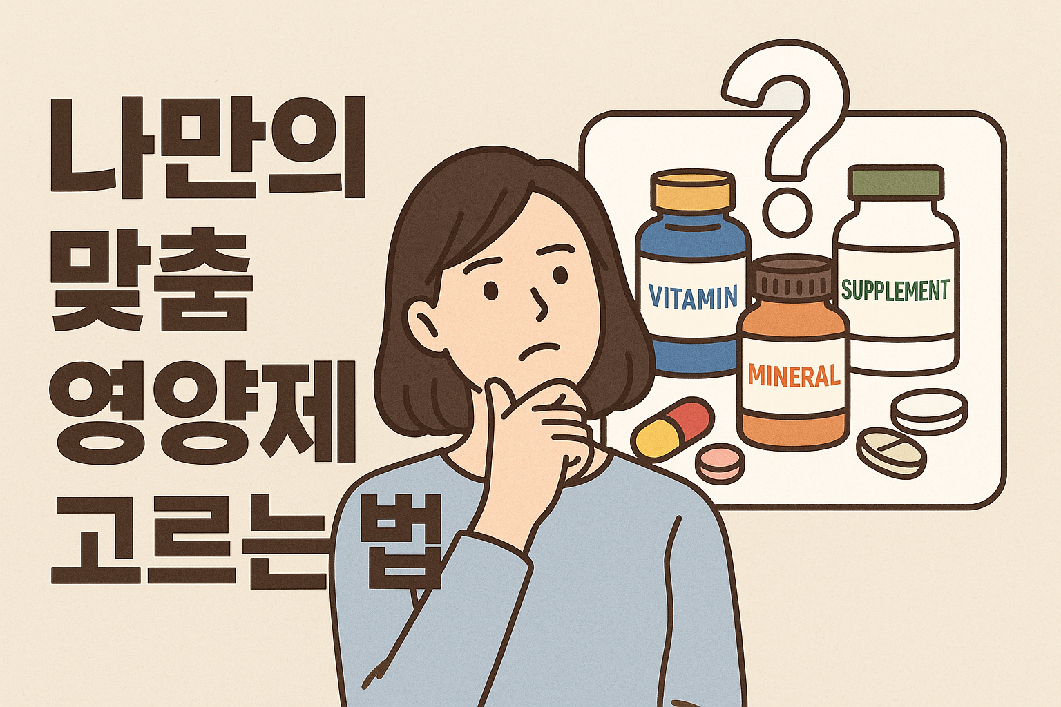 고민하는 여성이 다양한 영양제 병(VITAMIN, MINERAL, SUPPLEMENT)을 바라보며 나만의 맞춤 영양제를 선택하는 모습을 표현한 일러스트