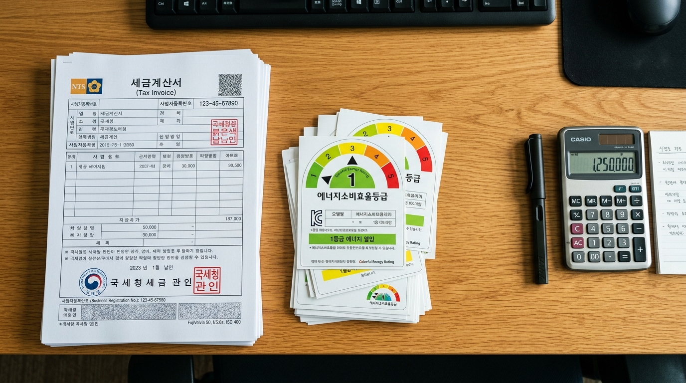 사무실 테이블 위에 정갈하게 정돈된 국세청 세금계산서 양식서와 가전제품 효율 등급 라벨 인쇄 사본 더미