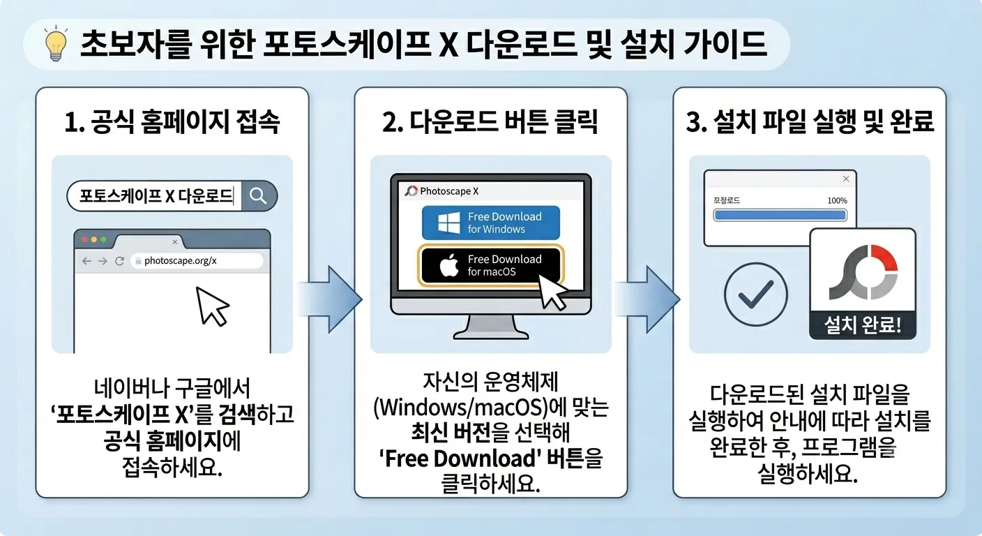 초보자를 위한 포토스케이프 X 다운로드 및 설치 과정. 네이버나 구글에서 프로그램을 검색하고 공식 홈페이지에 접속하여 자신의 운영체제(Windows 또는 macOS)에 맞는 무료 다운로드 버튼을 클릭한 뒤 설치 파일을 실행하는 모습.