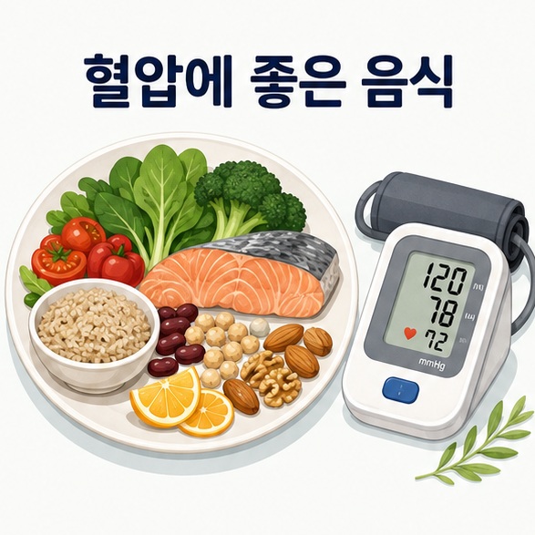 채소와 과일, 통곡물, 생선, 콩과 견과류가 담긴 식사와 혈압계를 함께 배치해 혈압에 좋은 음식을 설명하는 대표 이미지