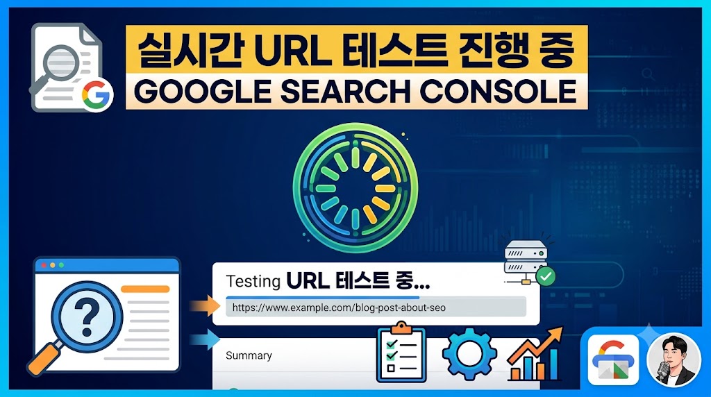 구글 서치콘솔 상단 URL 검사창에서 실제 URL 테스트 및 색인 생성 요청 버튼 위치