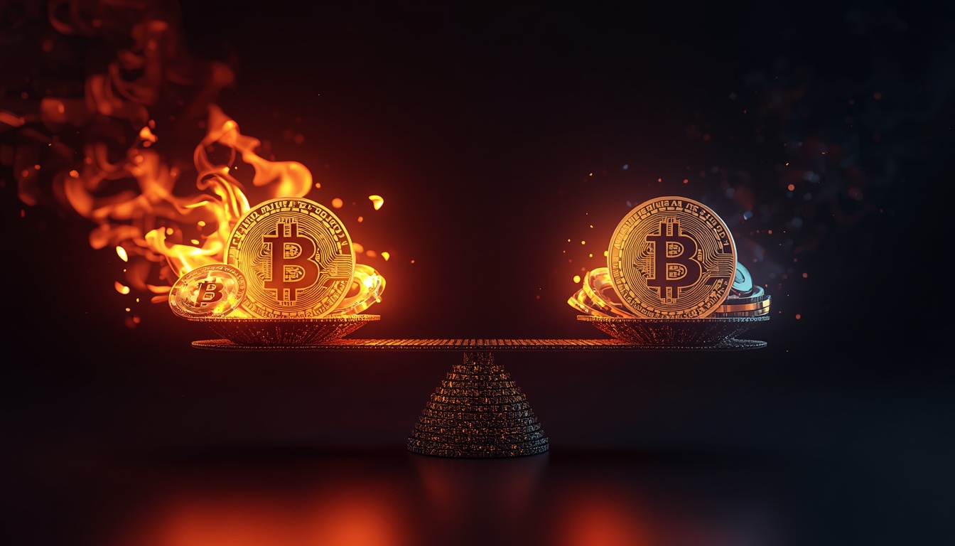 Conceptual 3D render illustrating the Burn and Mint Equilibrium tokenomics where crypto coins are burned via network transaction fees.