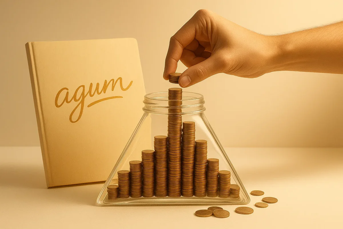 저금통에 동전을 차곡차곡 쌓는 모습