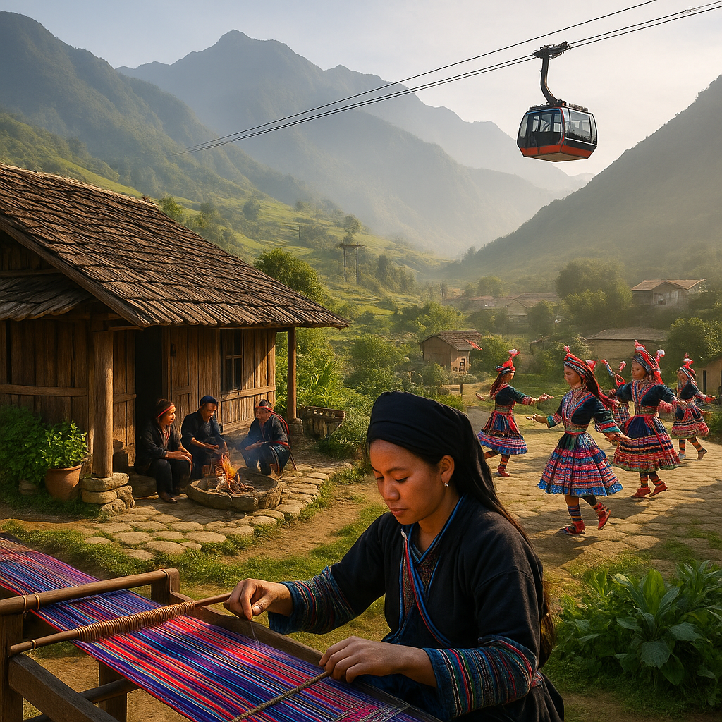 사파 계단식 논을 배경으로 전통 가옥 앞에서 몽족 여성이 베짜기를 하고, 머리 위로 팬시판 곤돌라가 지나가며 뒤편에 전통 의상을 입은 소수민족 무용수들이 춤추는 풍경