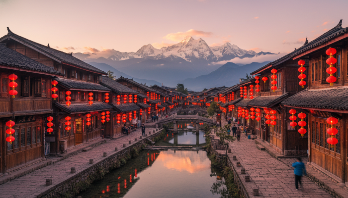 석양 아래 붉은 전등이 켜진 리장 고성과 멀리 보이는 옥룡설산의 웅장한 전경