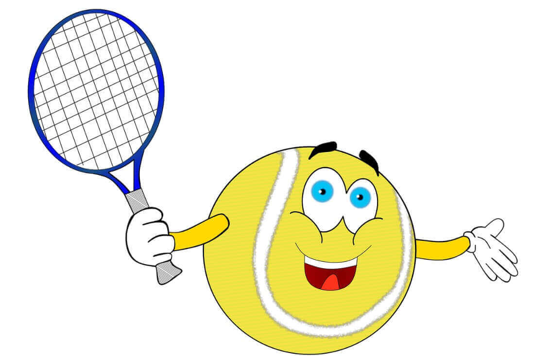 노란 테니스 공이 테니스 라켓을 들고 환하게 웃는 코믹한 만화