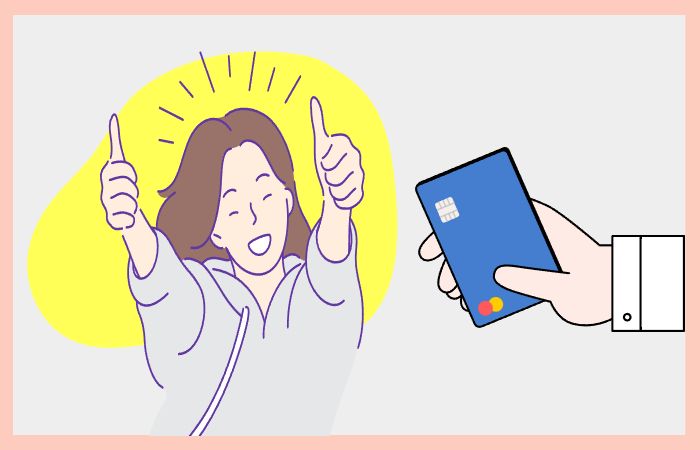 엄지손가락을 치켜세우며 기뻐하는 여성과 신용카드를 들고 있는 손이 함께 그려져 소비쿠폰 사용에 대한 만족과 긍정적인 반응을 나타낸 모습