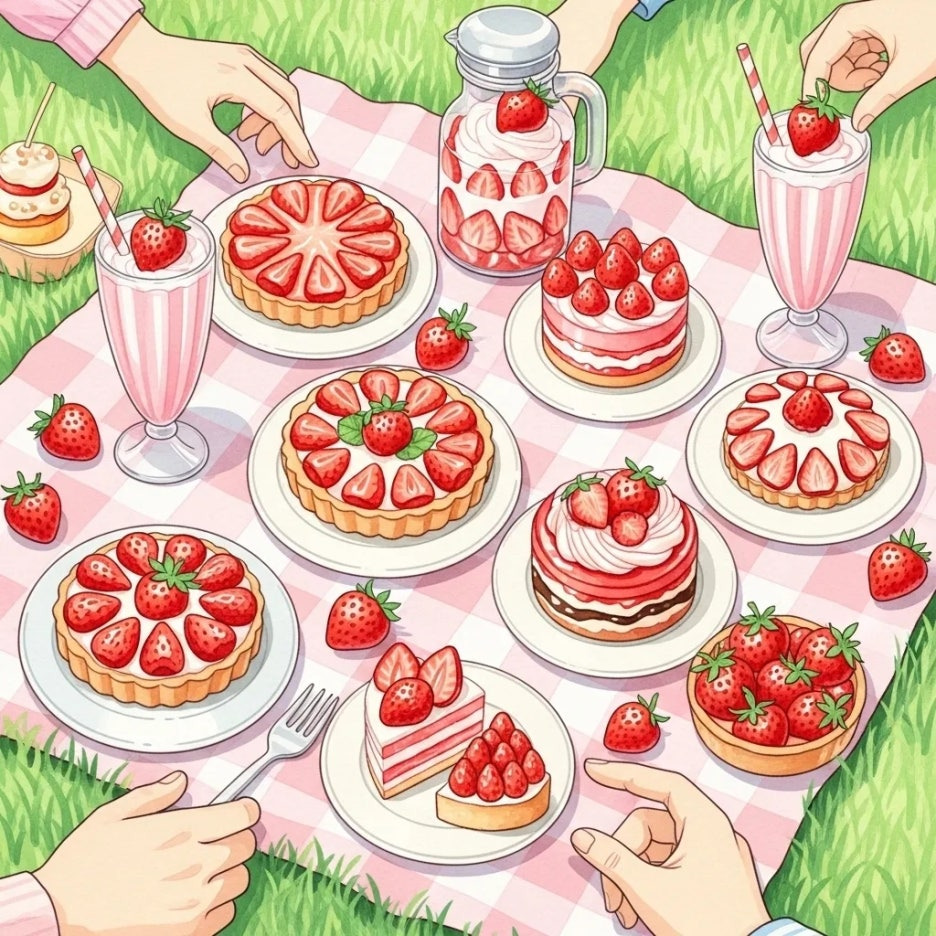 딸기 타르트와 딸기 음료들이 놓인 피크닉