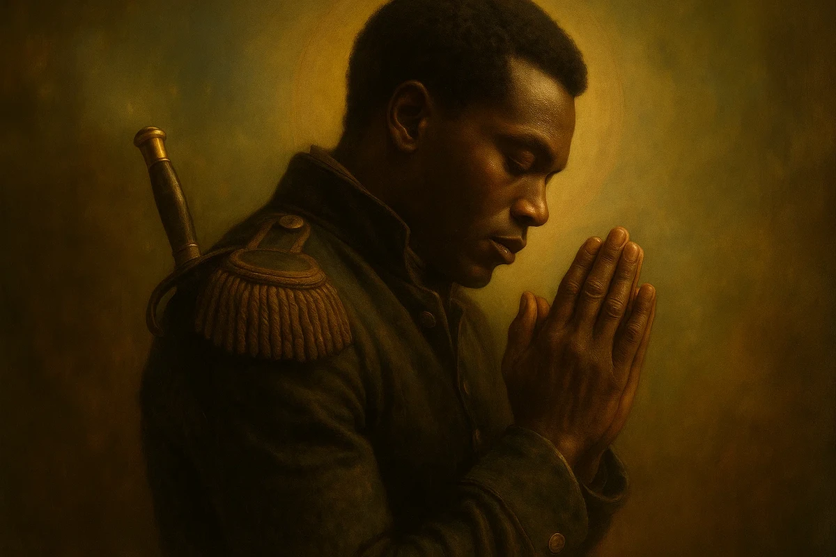 기도하는 군인의 고풍스러운 초상화