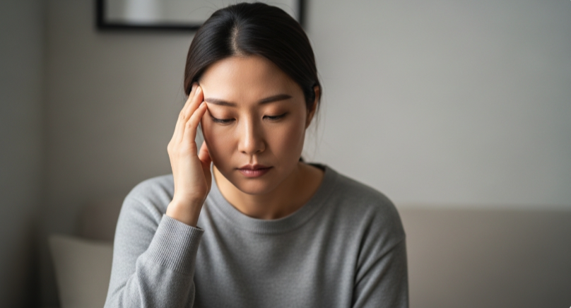 반복되는 머리 통증 원인을 생각하며 불편함을 느끼는 모습