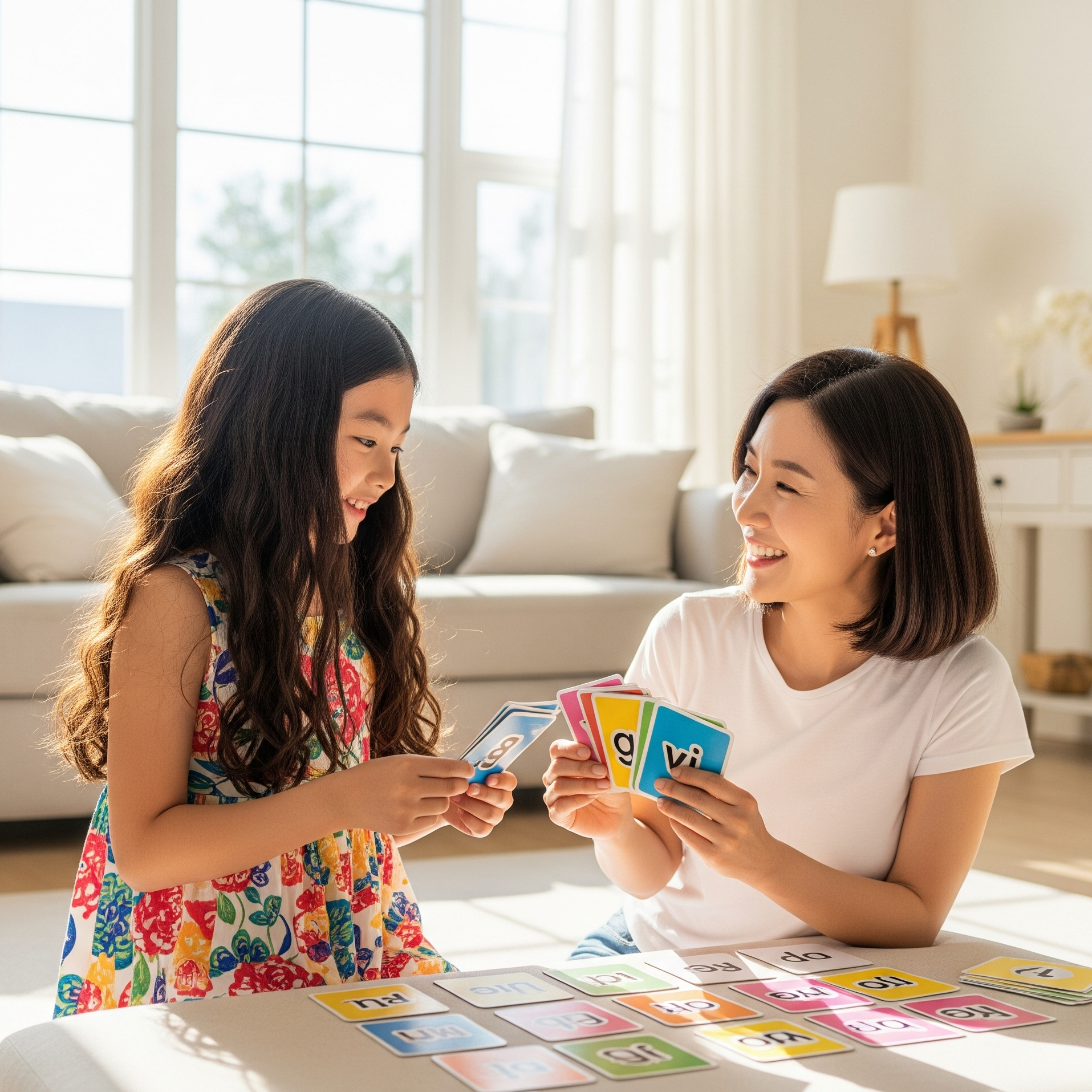 엄마와 함께 flash card 놀이를 하는 여자 초등학생