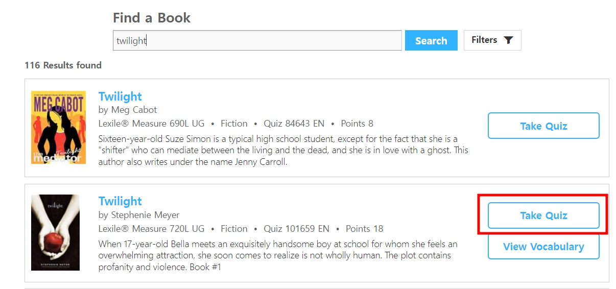 Accelerated Reader 웹사이트에서 퀴즈 진행하는 방법을 설명하는 이미지