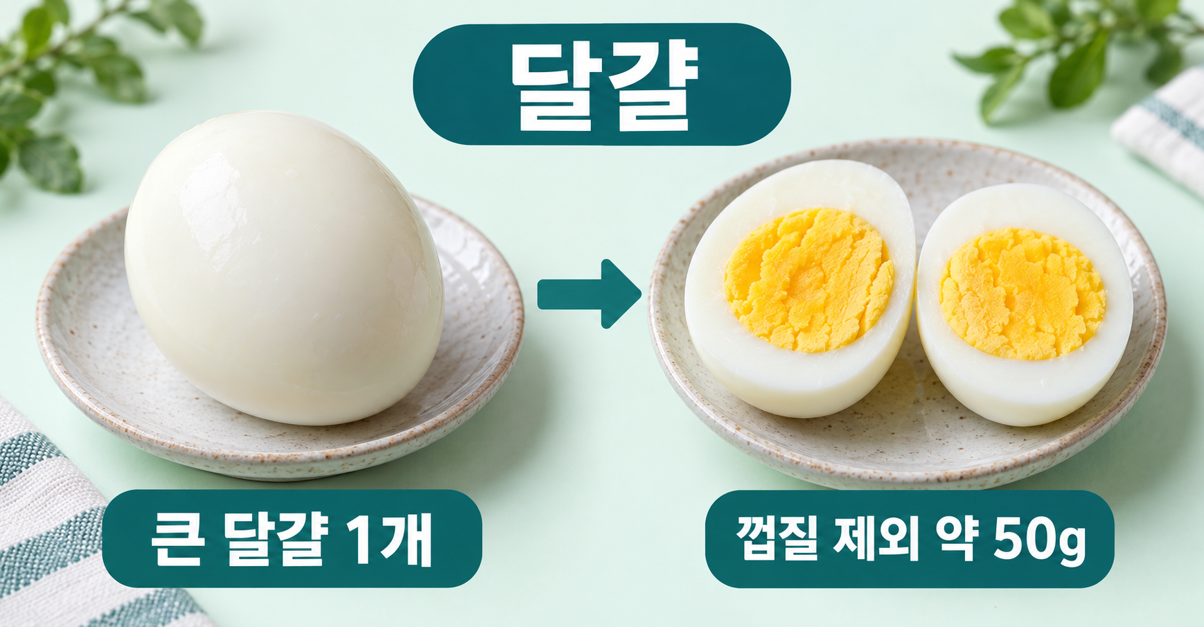 달걀 실사 분량 비교. 삶은 달걀 1개와 두 쪽을 합쳐 1개. 원문 1 large=먹는 부분50g. 국내 포장 등급의 껍질 포함 중량과 구분.