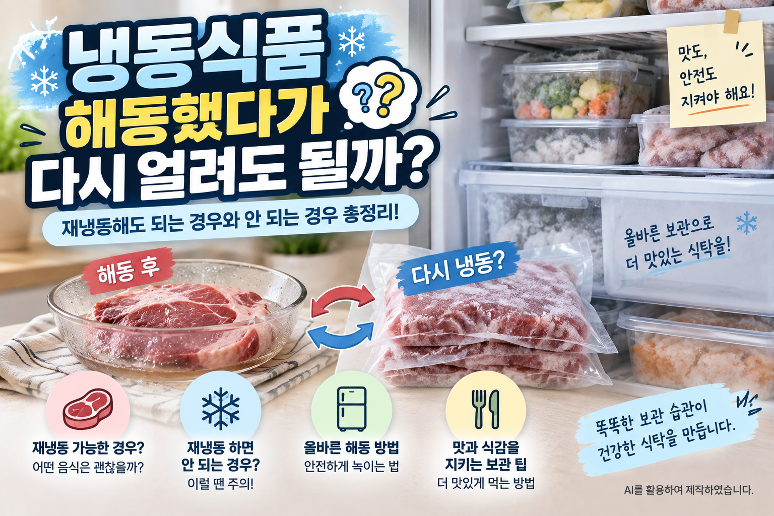 냉동식품을 해동한 뒤 다시 얼려도 되는지 재냉동 가능 여부와 올바른 해동 방법을 설명하는 이미지