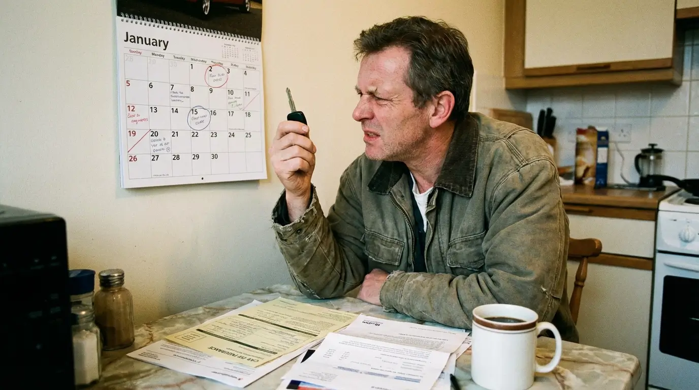 자동차 키를 들고 달력을 보며 자동차 보험 만기일과 가입 보험사를 기억해 내려 애쓰는 운전자의 모습