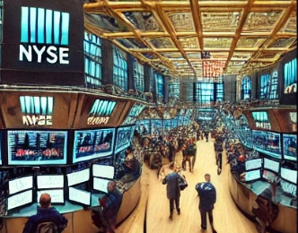 주식시장 실내에 사람들이 오가는 모습