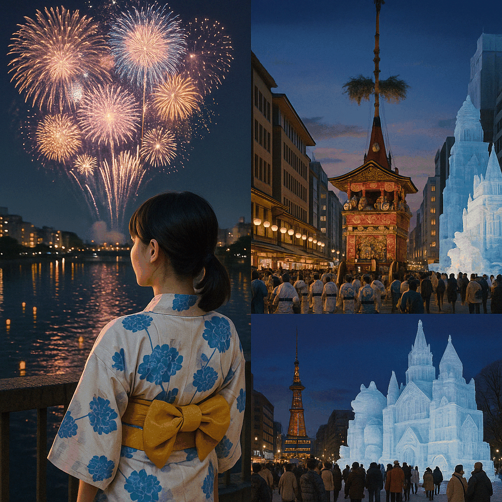유카타 차림의 관람객이 스미다강 불꽃놀이를 감상하는 장면, 기온마츠리의 화려한 야마보코 행렬, 삿포로 눈축제의 웅장한 눈조각이 하나로 어우러진 일본 축제 풍경