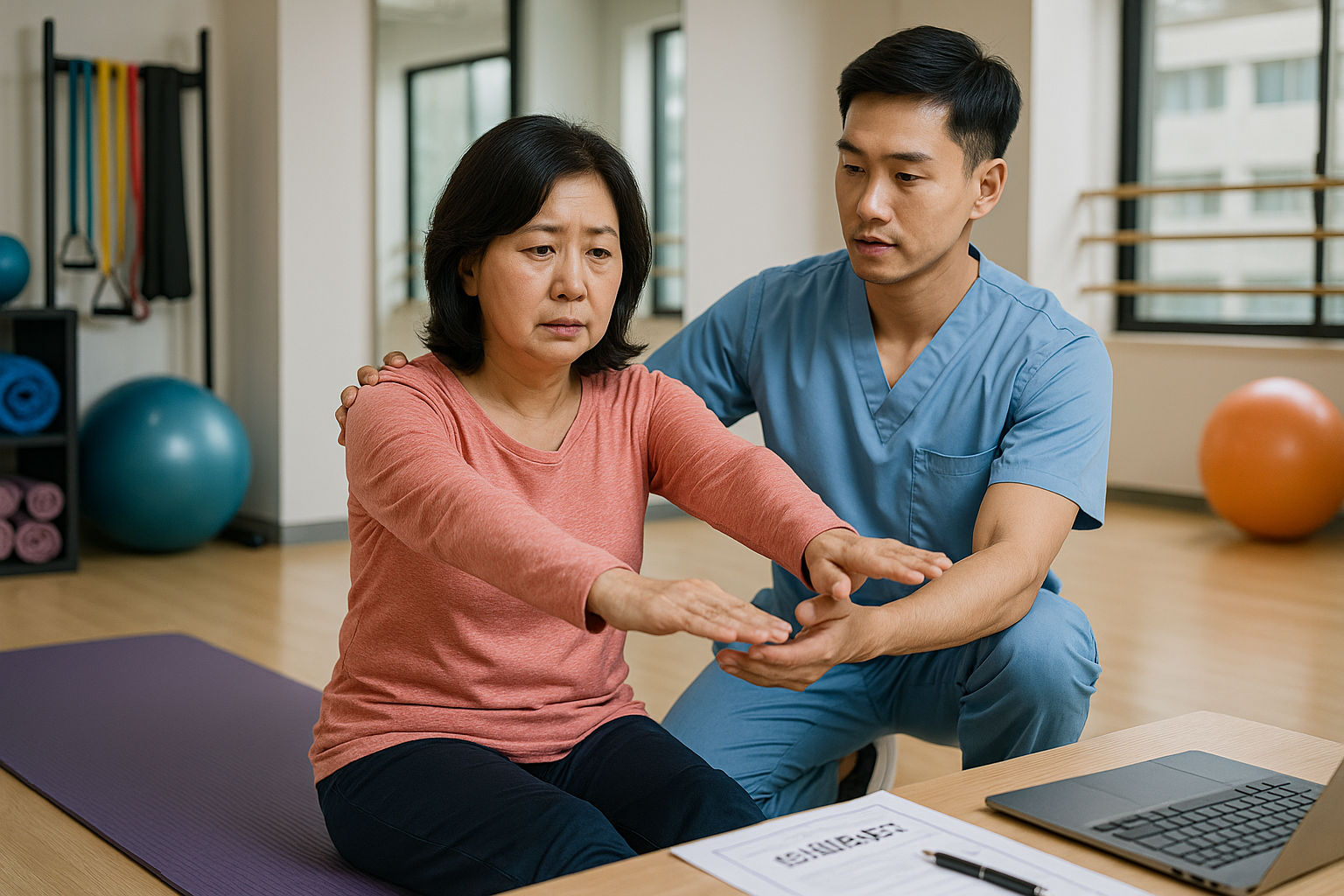 재활운동 중 물리치료사와 스트레칭하는 중년 여성
