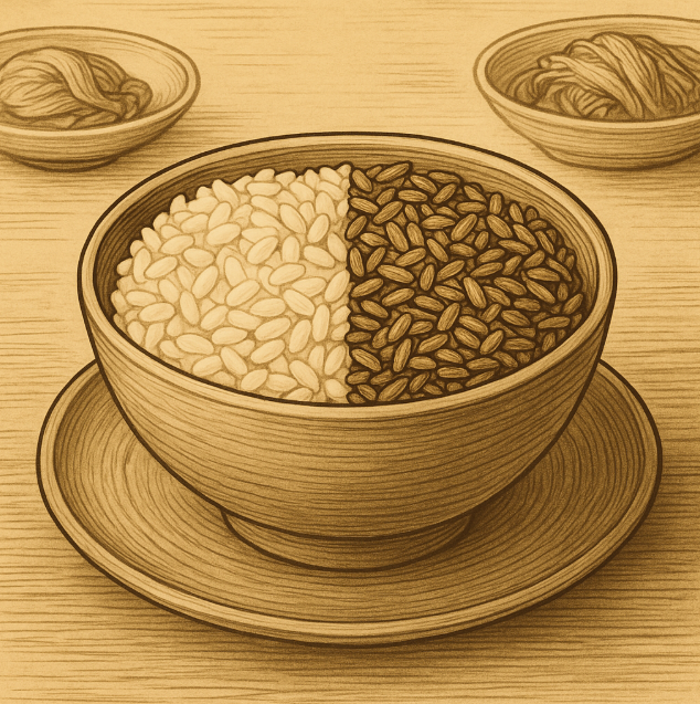 흰 쌀밥과 현미밥이 반반 담긴 밥그릇을 비교하는 상차림