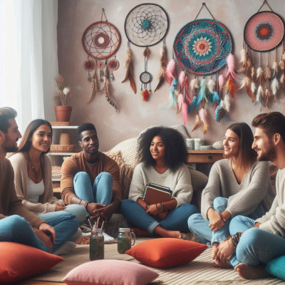 서로 다른 사람들이 앉아서 각자 꿈에 대해 토론하고 책을 읽고 있는 장면입니다.