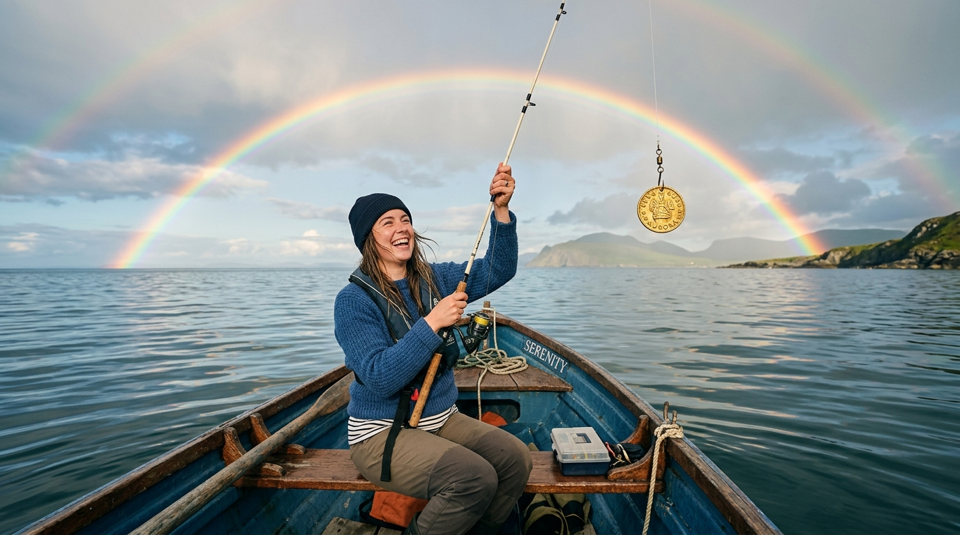 폭풍우가 지나간 뒤 고요한 바다 위에 떠오르는 무지개와 그 아래서 여유롭게 낚시(배당)를 즐기는 투자자의 모습