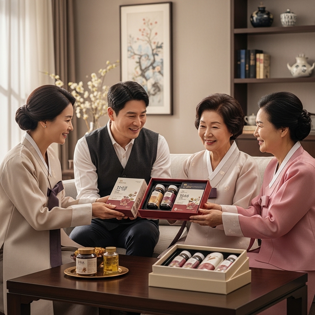 2026년 설날, 며느리와 아들이 시댁 부모님께 건강기능식품 선물을 공손히 드리는 따뜻한 순간. 한국적인 분위기의 거실에서 온 가족이 모여 행복을 나누는 모습.