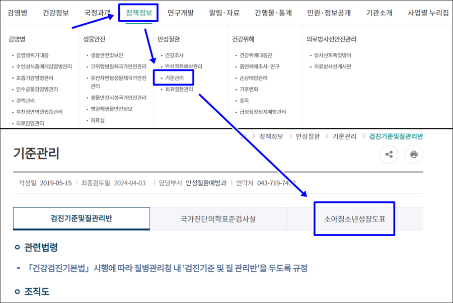 질병관리청 기준관리 페이지