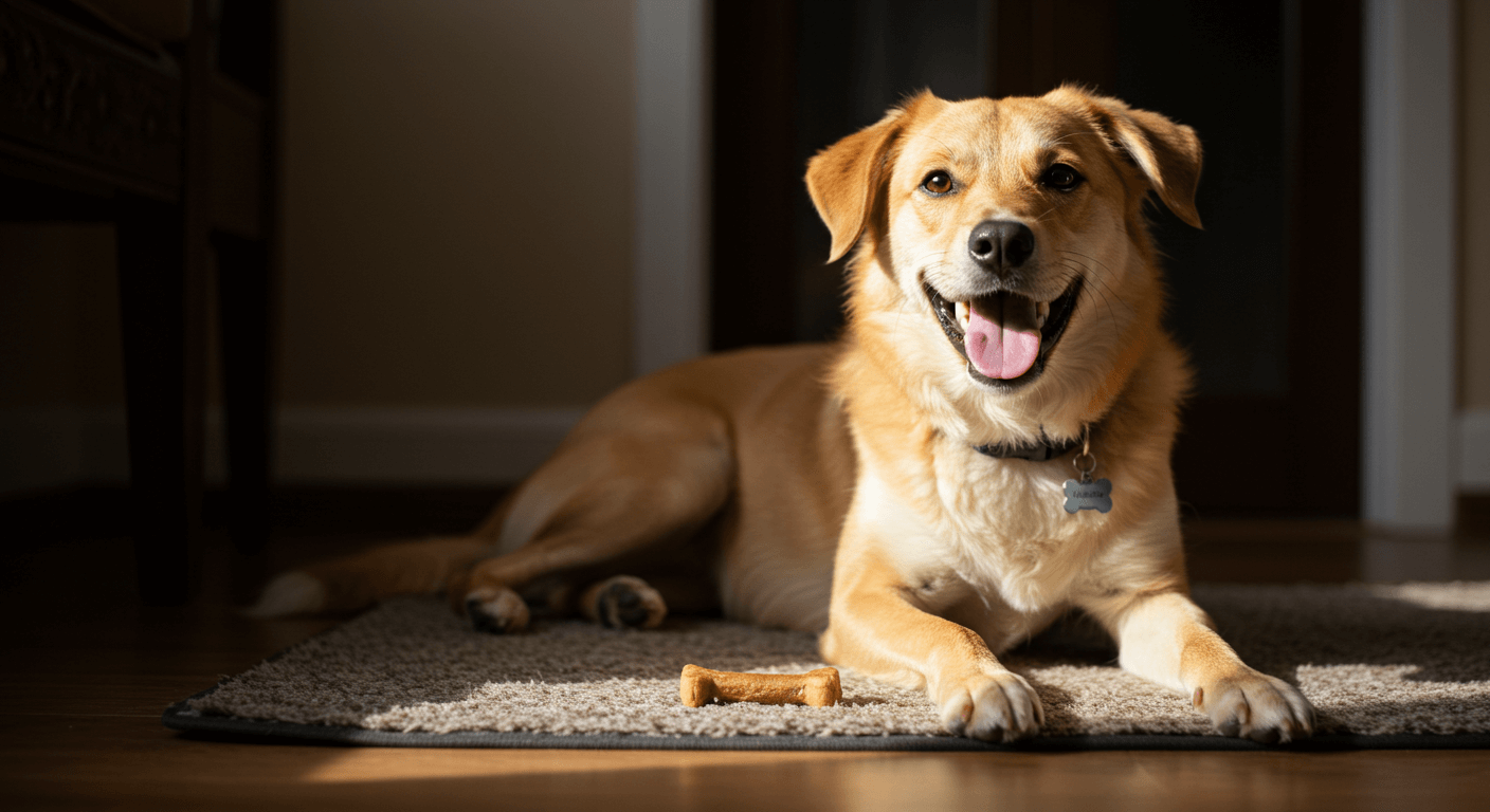 간식을 앞에두고 쉬고 있는 반려견
