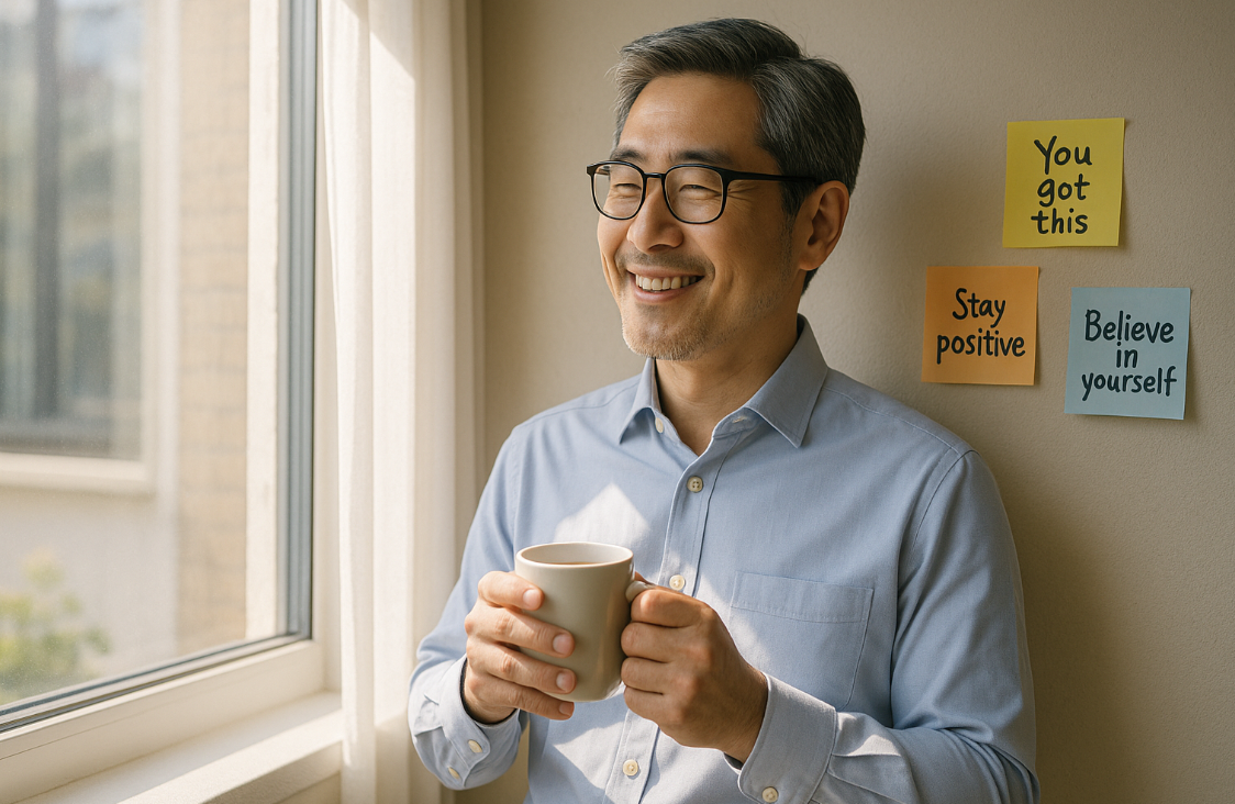 아침 확언을 실천하는 중년 남성