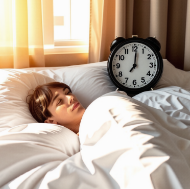 편안한 침대에서 천천히 일어나는 사람의 모습. 옆에는 시계가 7시를 가리키고 있고, 창밖으로 밝은 아침 햇살이 비치고 있습니다.