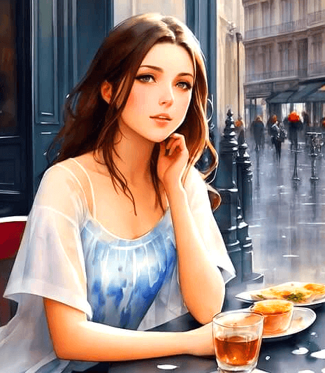 카페에서 긴 갈색머리 여자 손님이 커피와 디저트를 먹고 있다.