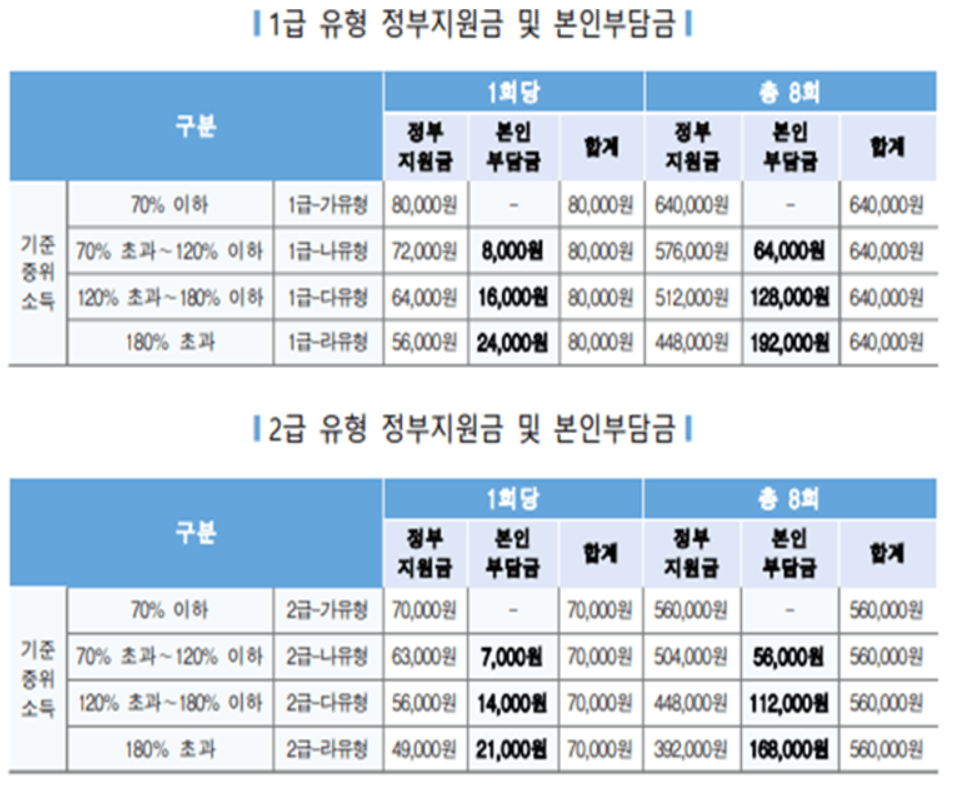 1급 2급 유형 정부지원금 및 본인부담금