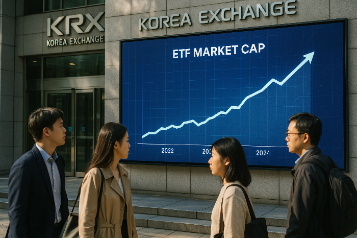 한국 ETF 시장 확대를 상징하는 전광판 그래프 이미지