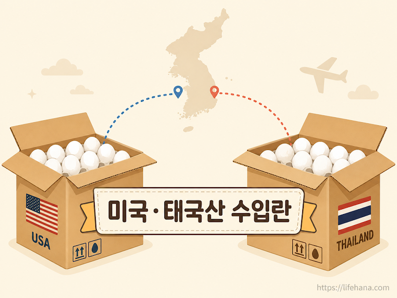 미국산 태국산 신선란 수입 물류 차량이 대형마트 오프라인 검역소를 거쳐 진열대로 이동하는 단계별 프로세스 인포그래픽