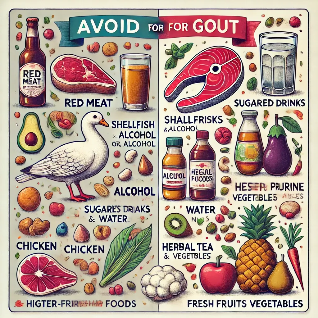 통풍 환자를 위한 피해야 할 음식과 대체 음식이 나뉘어 표현된 교육용 인포그래픽